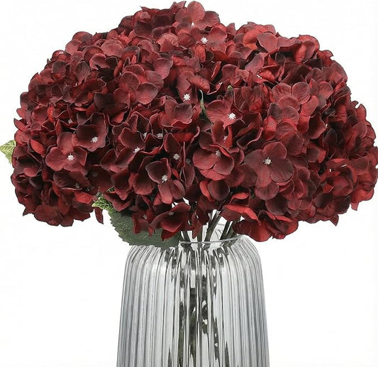 2Bouquets Artificial Fake Flowers Plants Silk Hydrangea Arrangements Wedding Bouquets Decorations Plastic Floral Home Kitchen Garden Party Festival Bar DIY (Dark Red,5 Flower Heads)