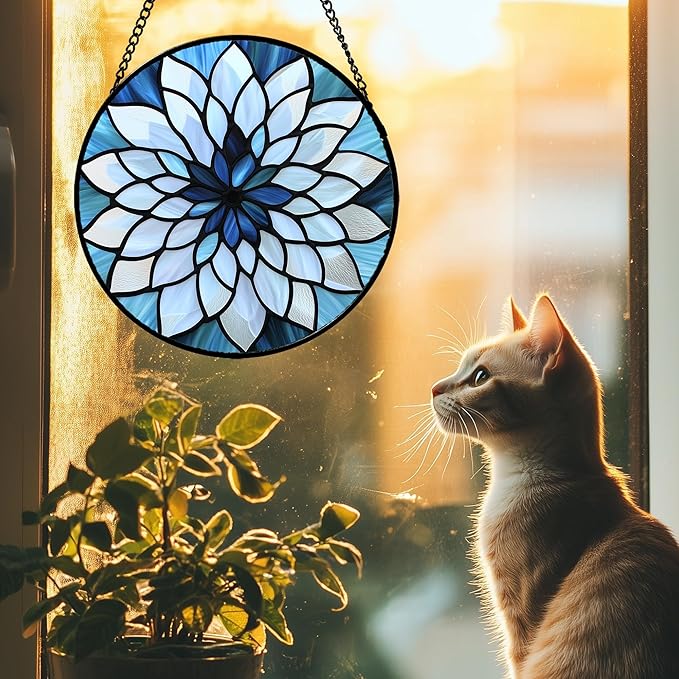 Stained Glass Suncatcher, Blue White Multi-Petal Flowers Sun Catcher Landscape Stain Glass Window Hanging Decoration Mother's Day Birthday Gifts for Women Men Mom Nana 15 in