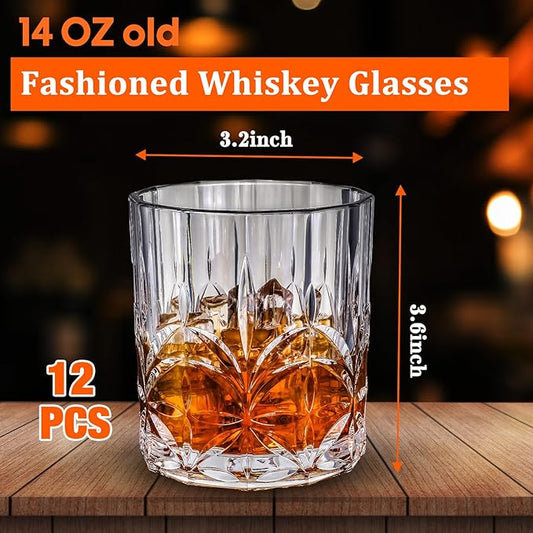 12 Sets Plastic Whiskey Glasses 14 oz Unbreakable Whiskey Drinking Glasses Old Fashioned Cocktail Cups Plastic Water Tumblers Clear Wine Cup Shatterproof Short Tumbler for Indoor Outdoor