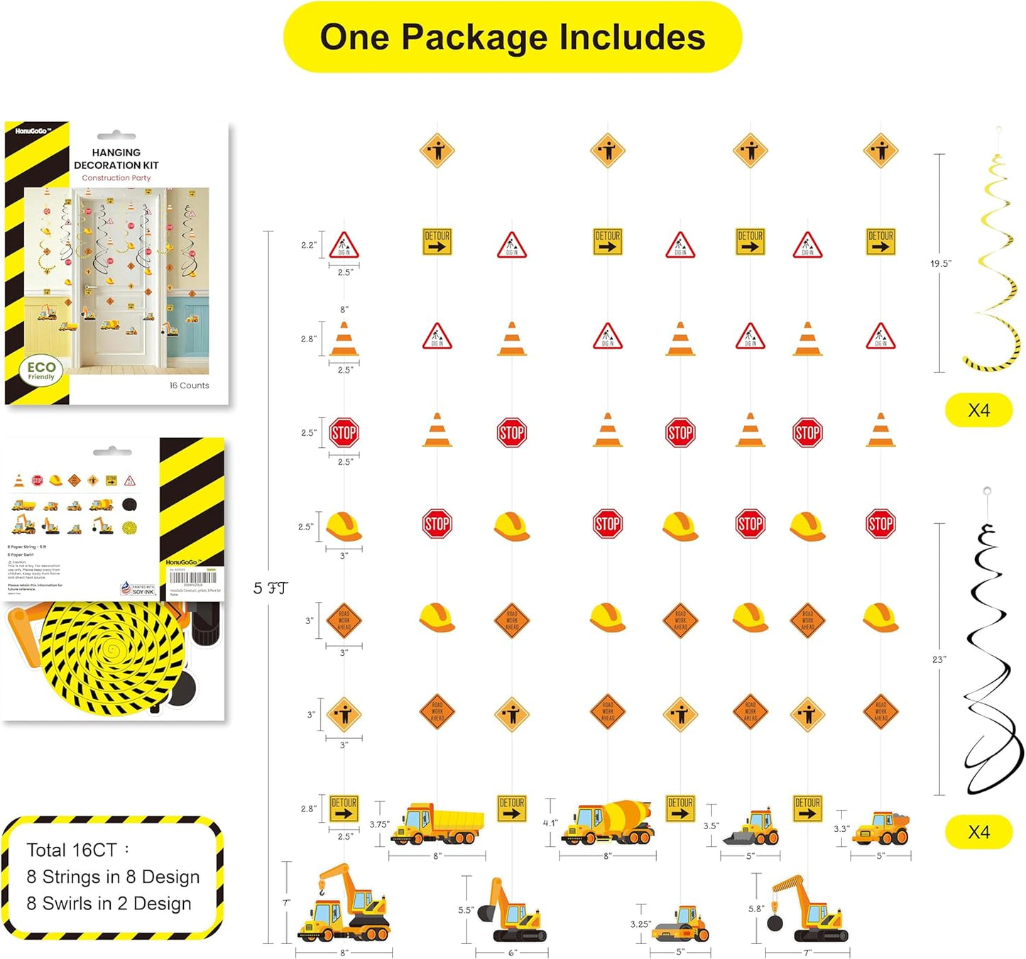 16Pcs Construction Theme Party Hanging Decorations – Swirl Set with Trucks, Traffic Cone & Safety Symbols | Party Supplies & Decorations, Party Favors for Construction Themed Celebrations