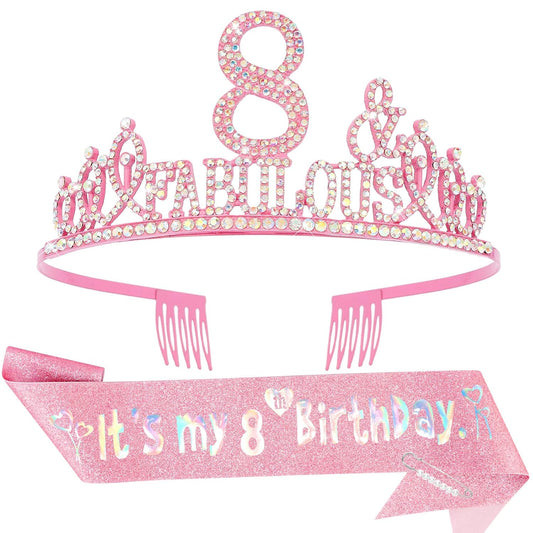 8th Birthday Decorations for Girls Set - Happy 8th Birthday Princess Crown and Glitter Sash, 8 Year Old Girl Tiara Party Decorations Supplies Outfit Accessory Gifts