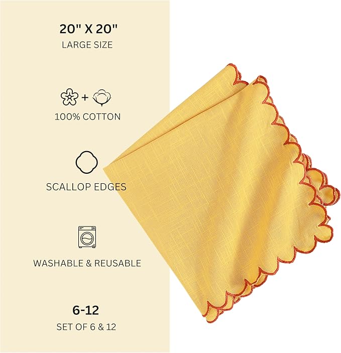FINGERCRAFT Cloth Napkins, Everyday Use Scallop Design, Premium Quality Natural Cotton Napkin Set of 6 Perfect for Parties Dinners Weddings Easter Napkin Cloth 20x20 inch Daffodil/Rust
