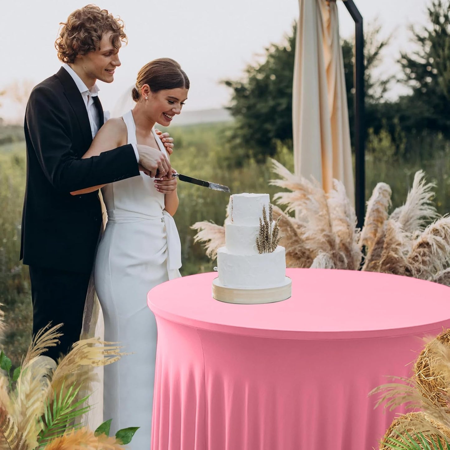HolidayIdeas 60 Inch Pink Spandex Round Table Skirts,Fitted Stretch Tablecloths for Round 5 ft Table, Wrinkle-Free Ruffle Design Tablecloths for Banquets,Trade Shows, Parties, Events, 6 Pcs