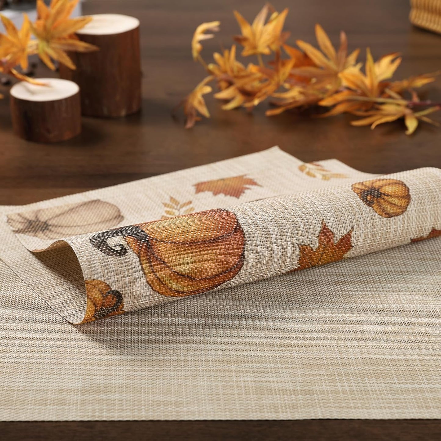 Thanksgiving Placemats Set of 6 Fall Table Mats Pumpkin Maple Leaves Table Mats Washable Non-Slip Heatproof Woven Placemats for Dining Table (17.7" X 11.8")