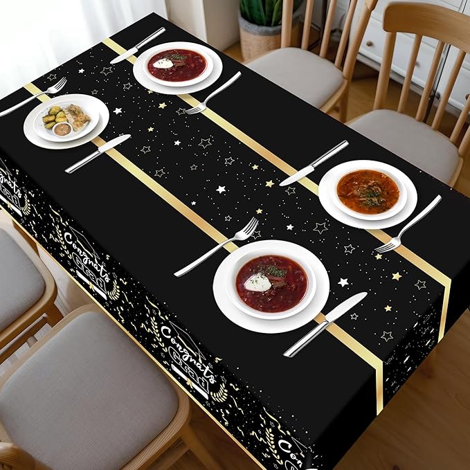 Childom 2 Pack Graduation Tablecloth,Graduation Decorations Class of 2026 Graduation Party Decorations,54"x108" Black and Gold Plastic Table Cloth Disposable Rectangle for Home,School,Party Supplies