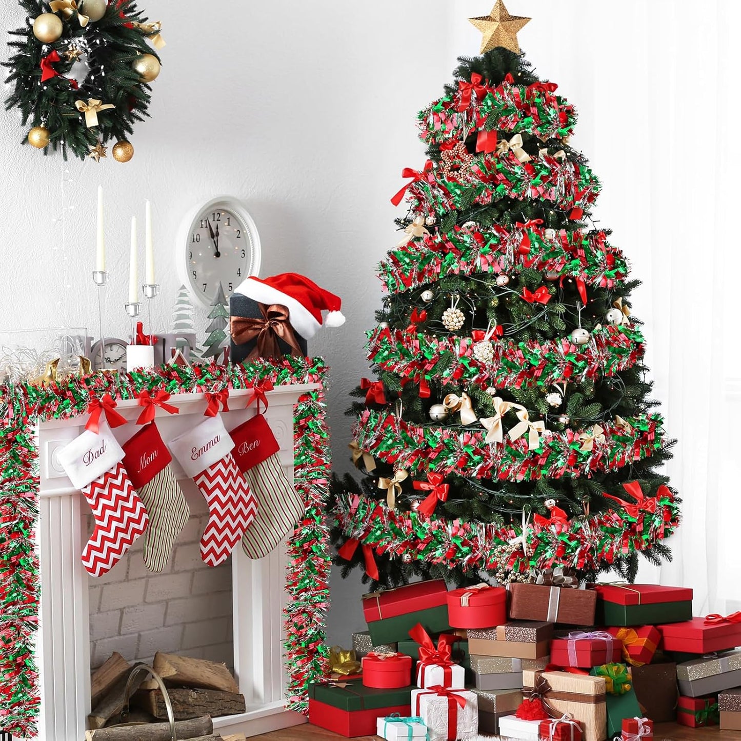 50 Feet Christmas Tinsel Garland Metallic Tinsel Garland Christmas Tree Decorations for Christmas Indoor and Outdoor Decoration (Red, Green and Silver)