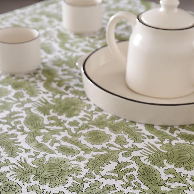 Labhanshi Indian Handblock Print Pre-Washed Cotton Floral Table Cloth|Reusable Rectangle 72x108 Inch 8-Seater Dining Tablecloth|Spring Easter St. Patrick Decorative Table Cover|Moss Green Bird