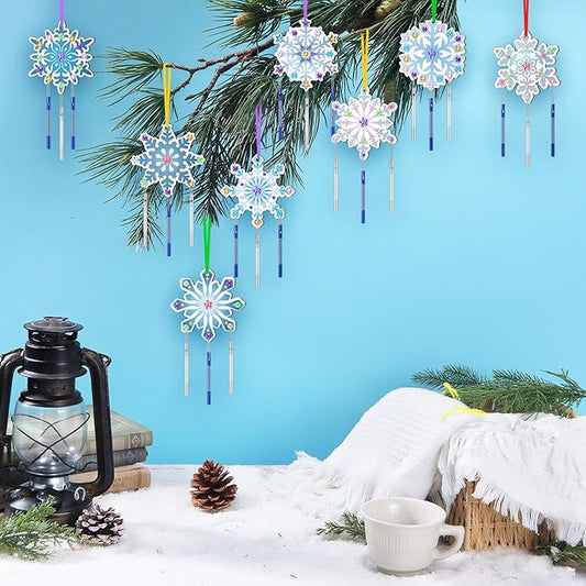 JellyArch 30 Pack Winter Snowflake Wind Chime Making Kit for Adults Make Your Own Wind Chime DIY Crafts Wooden Ornaments for Winter Activity Birthday Decoration