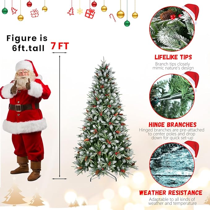 7FT Frosted Artificial Christmas Tree with 2178 PE+PVC Branch Tips, Realistic Unlit Christmas Tree with Red Berry and Pine Cone, Memory Wire Hinged Full Xmas Tree with Metal Base for Party, Holiday