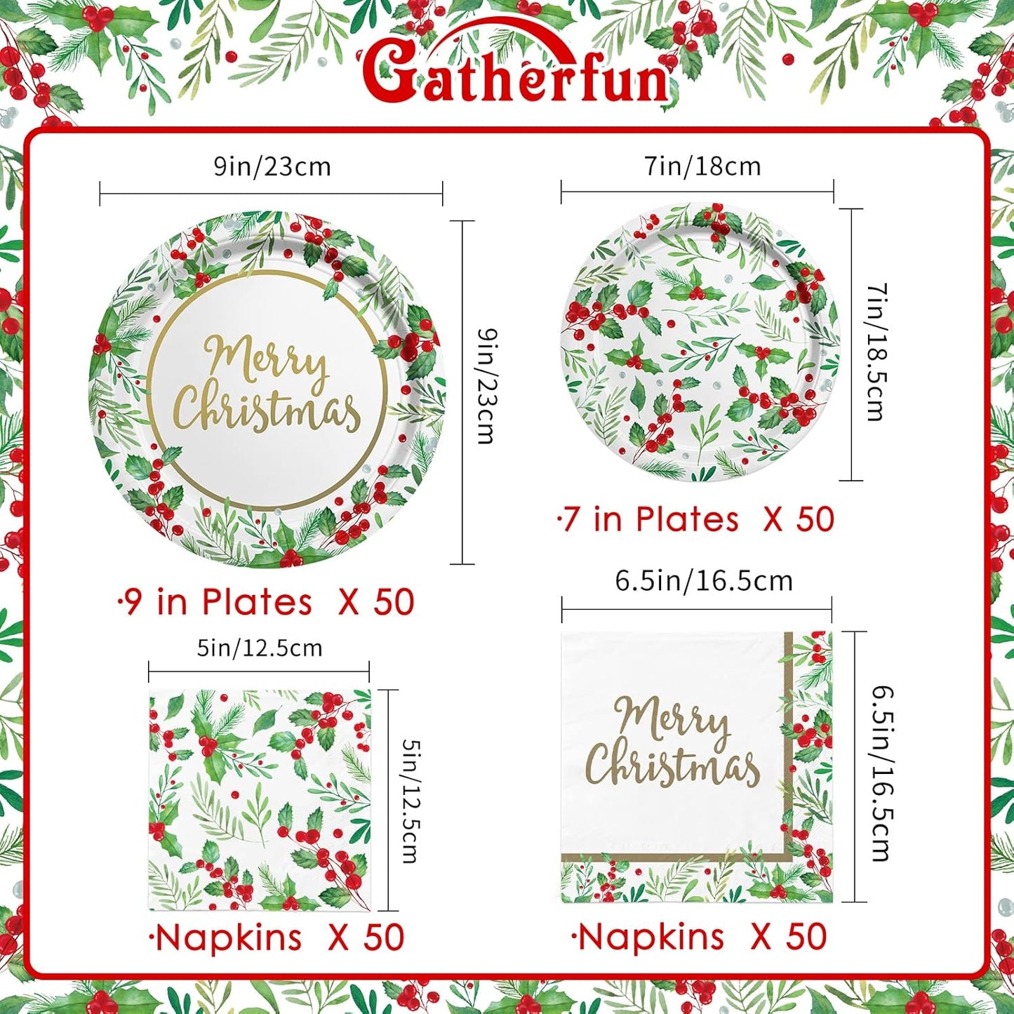 Christmas Party Supplies, Serve 50, Christmas Seasonal Holly Tableware Includes: Paper Dinner Plates, Dessert Plates, Luncheon Napkins and Beverage napkins, Great for Party Decorations