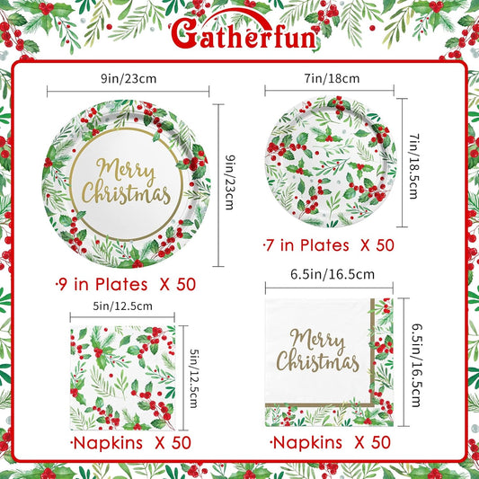 Christmas Party Supplies, Serve 50, Christmas Seasonal Holly Tableware Includes: Paper Dinner Plates, Dessert Plates, Luncheon Napkins and Beverage napkins, Great for Party Decorations