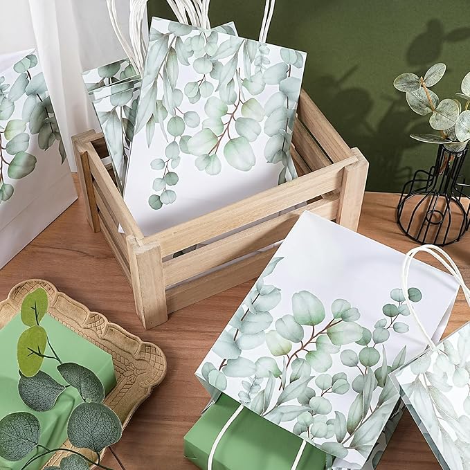 Loveinside Eucalyptus Leaves Paper Gift Bag, Delicate Green Leaves Deisgn with Handles Grocery Shopping Bags Candy Goodie Bags for Birthday, Wedding, Spring, Mother's Day, 8" x 4" x 10", 12 Pcs