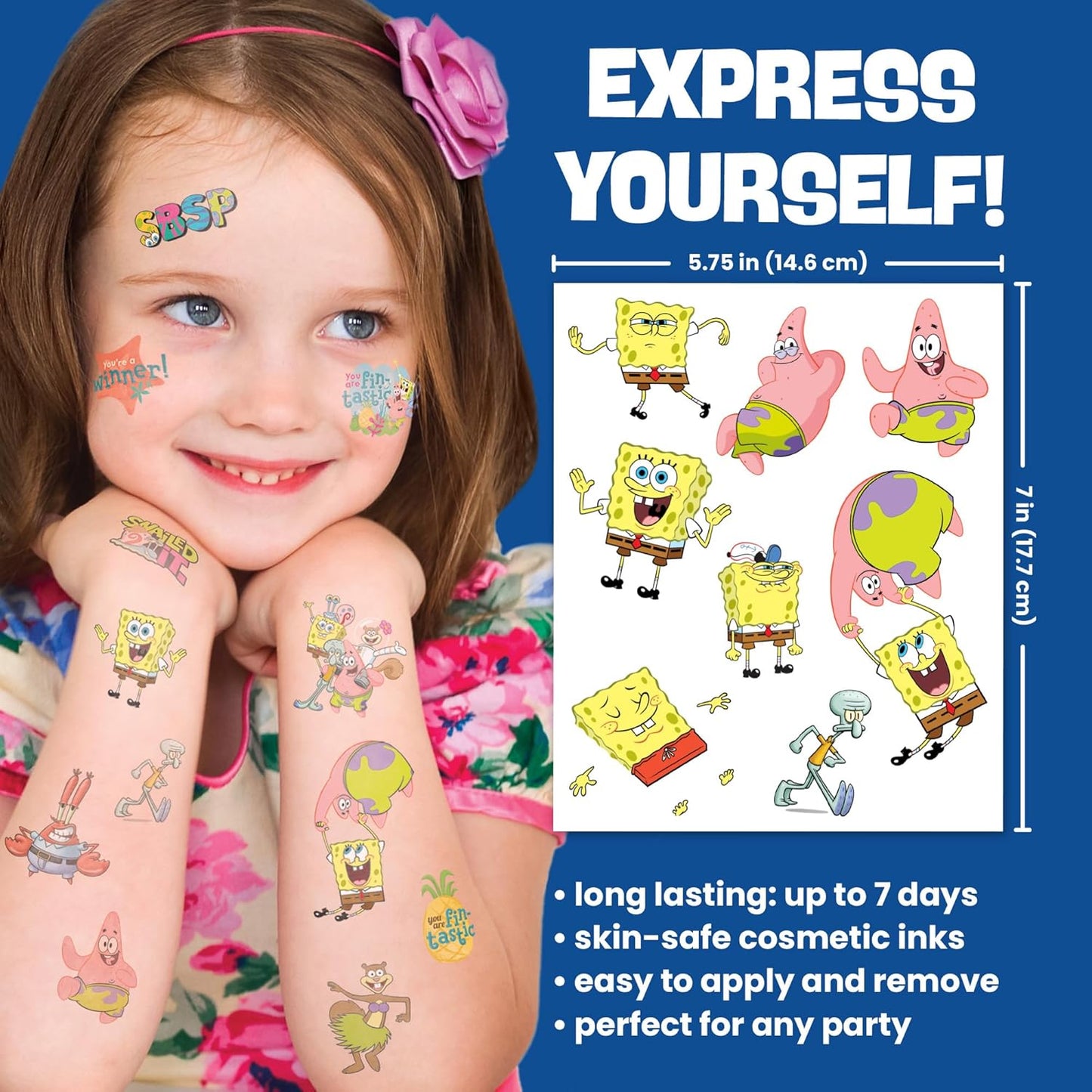 Savvi - 50 SpongeBob Temporary Tattoos: Skin-Safe Ink, Great for Birthday Parties, Gifts for Boys and Girls Ages 4-12+, Made in the USA [6 sheets, 50 count]
