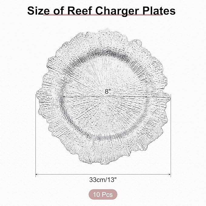 uxcell 10pcs Reef Charger Plates Bulk, 13 Inch Plastic Floral Charger Plates, Round Plate Chargers for Dinner Wedding Party Event Table Setting Decoration Silver