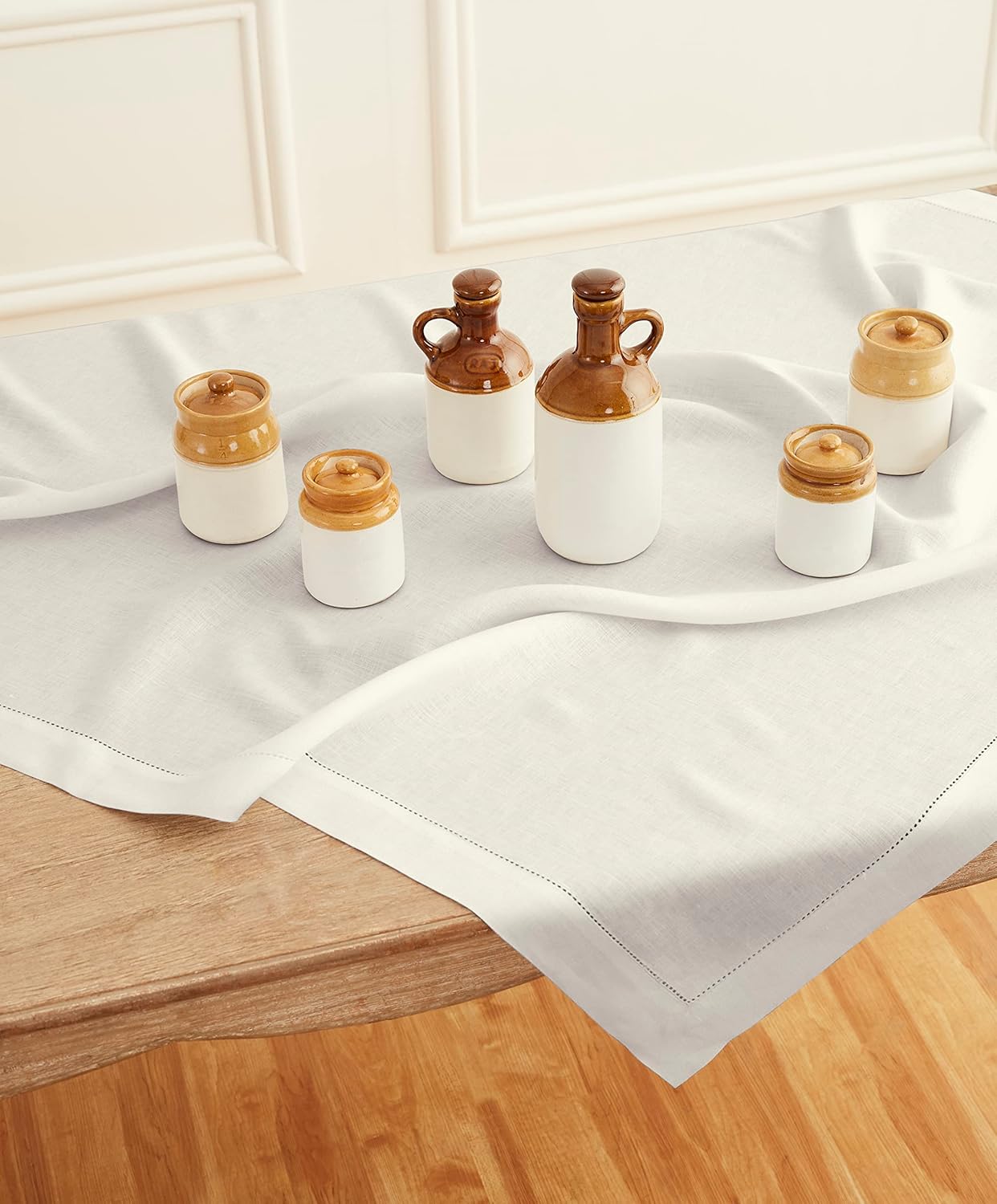 Solino Home Ivory Linen Tablecloth 52 x 52 Inch - 100% Pure Linen Square Table Throw - Classic Hemstitch, Machine Washable Table Cloth for Fall, Autumn, Thanksgiving, Christmas, Holiday