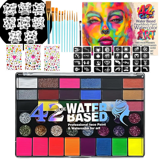 42 Color Face Paint Kit for Kids – Non-toxic Water-Based Makeup Palette with Stencils, Brushes & Gems – Face Painting Kit for Kids Ideal for Halloween, Parties, Festivals, Body Art & More