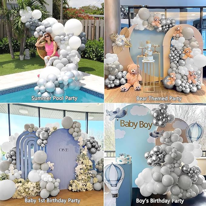 KARLURE White Silver Balloon Arch Kit Garland with Grey Clear Balloons for Birthday Engagement Wedding Baby Shower Confirmation Prom 25th Anniversary Decorations
