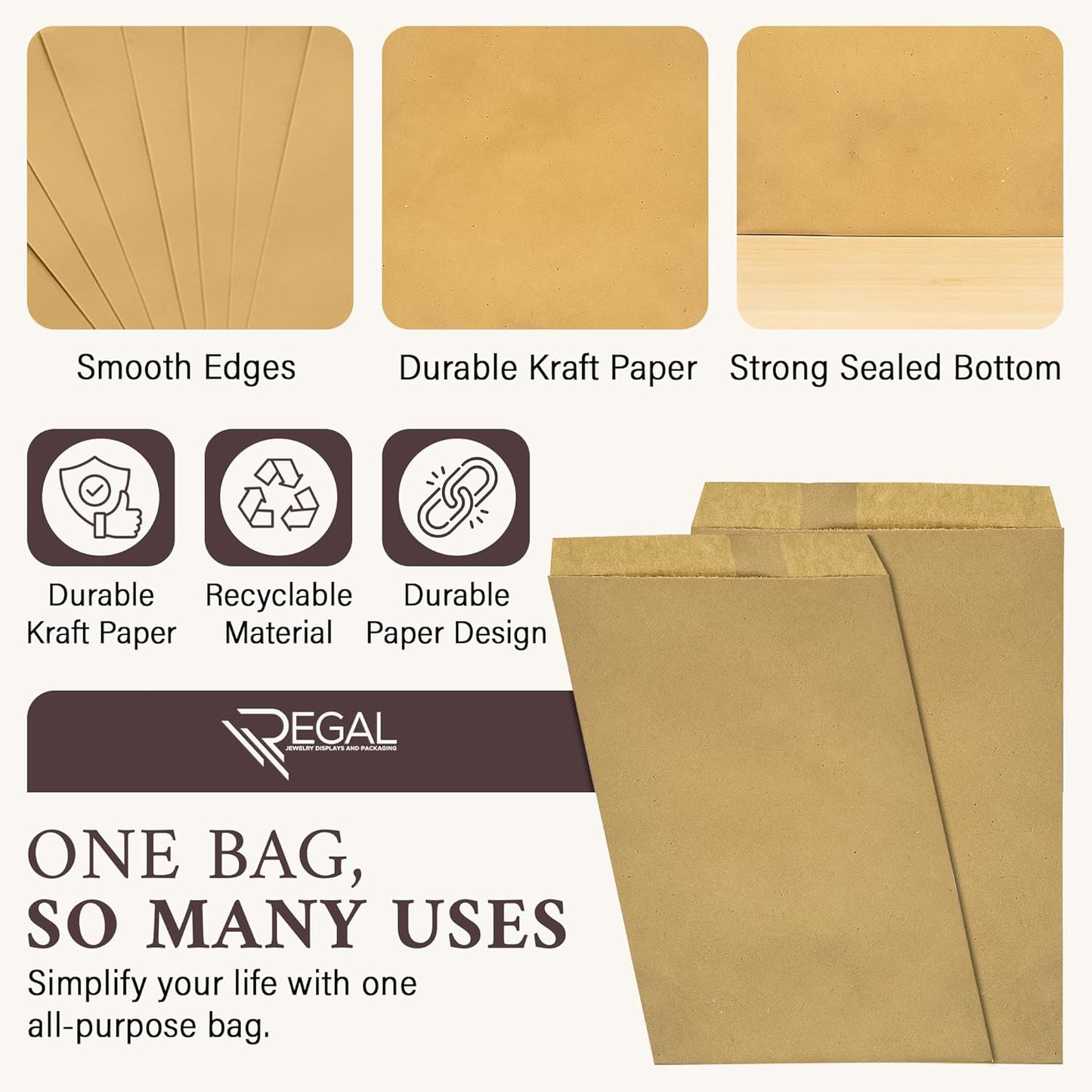 RJ Displays-100 Pack Brown Kraft Paper Merchandise Tote Bags Shopping Sales for Magazine, Books, Party Favor Bag T-Shirt (Brown, 5" x 7.5")