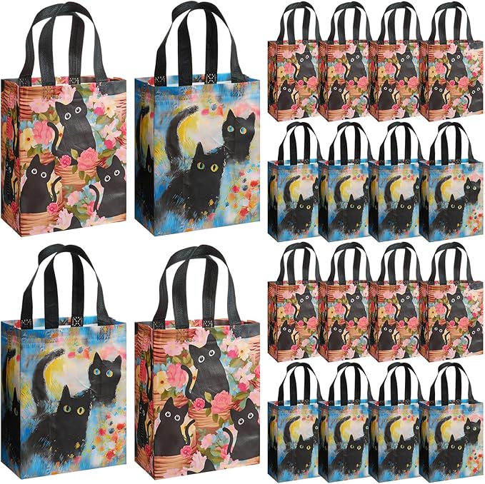 Wovnet 30 Pcs Spring Black Cat Gift Bags with Handles Kitty Flowers Theme Tote Bags Reusable Non Woven Floral Party Favors Goodie Treat Bag for Cat Lover Gifts Aesthetic 10 x 8 x 4in