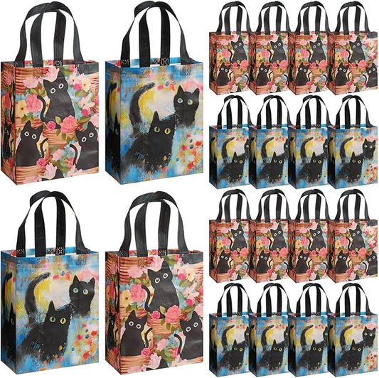 Wovnet 30 Pcs Spring Black Cat Gift Bags with Handles Kitty Flowers Theme Tote Bags Reusable Non Woven Floral Party Favors Goodie Treat Bag for Cat Lover Gifts Aesthetic 10 x 8 x 4in