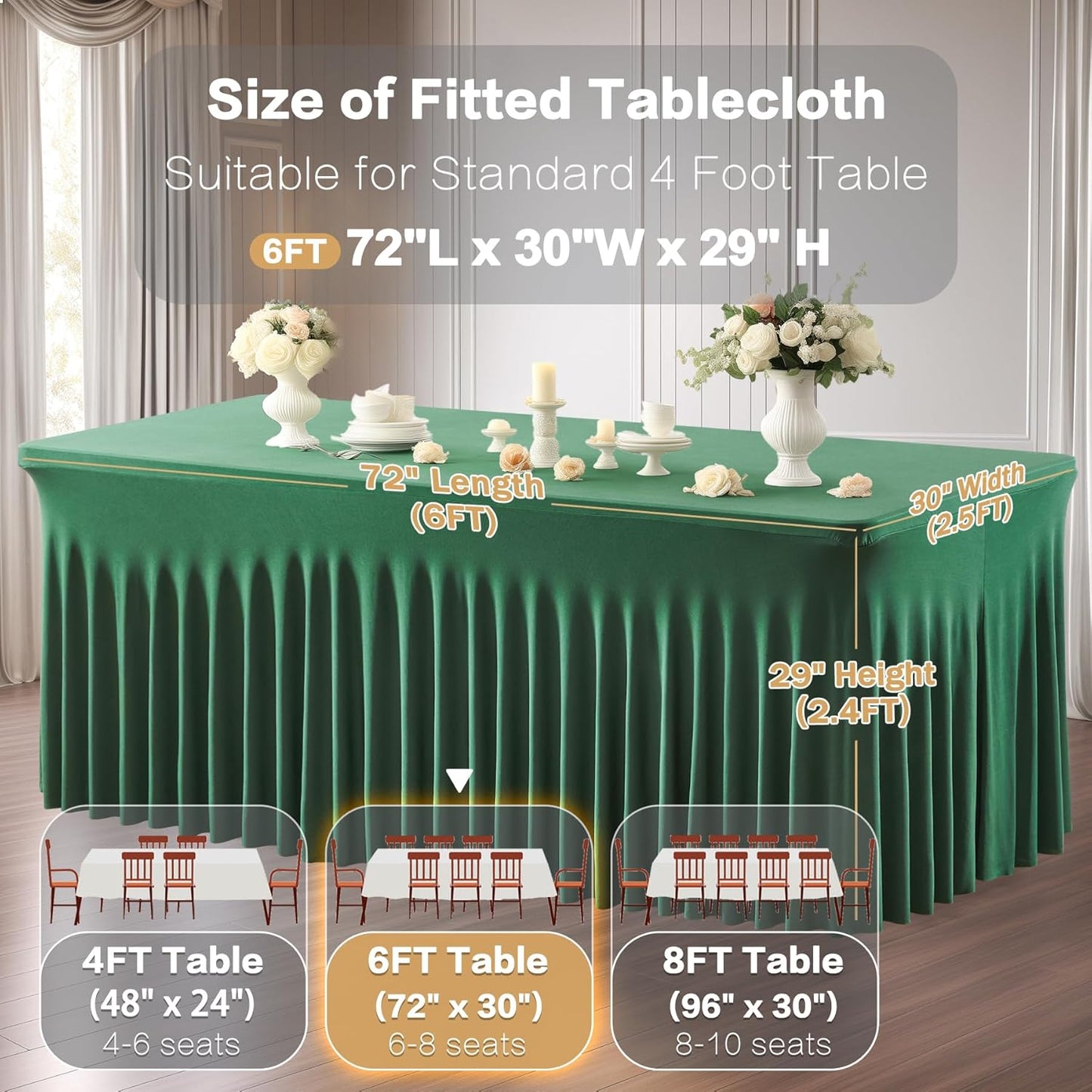 6 Packs Green Spandex Table Clothes for 6 Foot Rectangle Table, Spandex Table Covers 6FT Stretch Table Skirts Rectangle Tables Wrinkle Free Fitted Table Cover for Christmas, Wedding, Banquet & Parties