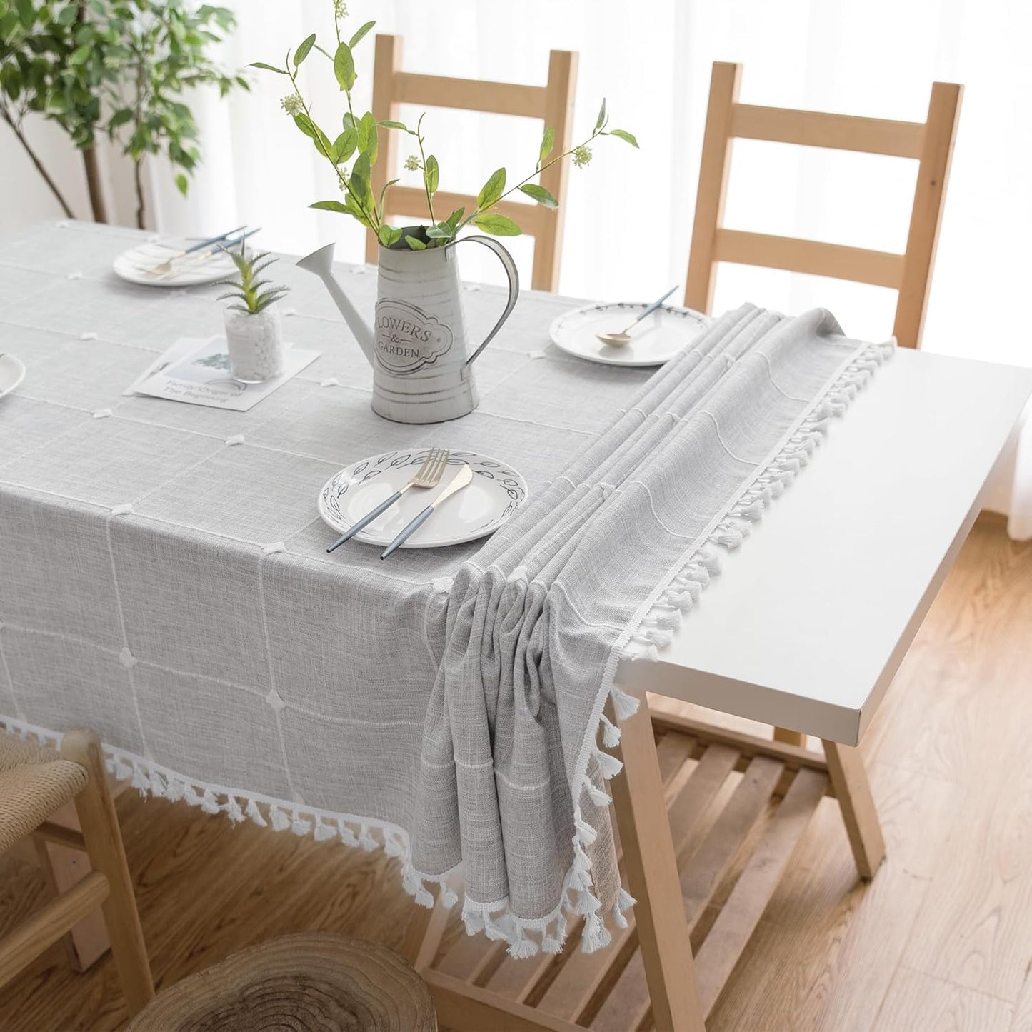 Oubonun Cotton Linen Rectangular Tablecloth - Wrinkle Resistant & Waterproof - Machine Washable Table Cloth with Tassels for Kitchen & Dining, 55''x120'', 10-12 Seats, Grey