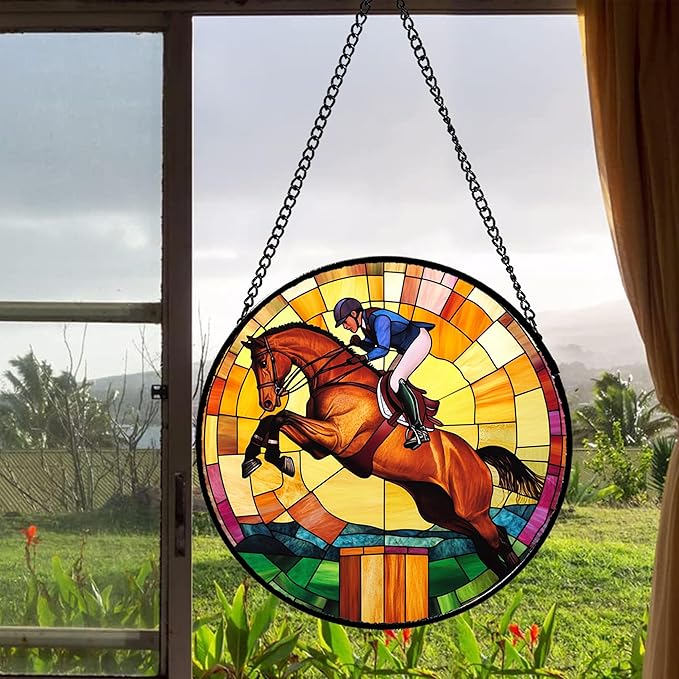 Stained Glass Window Hanging Equestrian Sports 6.3" - Horse Suncatcher Door Garden Sunroom Sun Catcher Home Decor Birthday Christmas for Mom Men Woman Nana