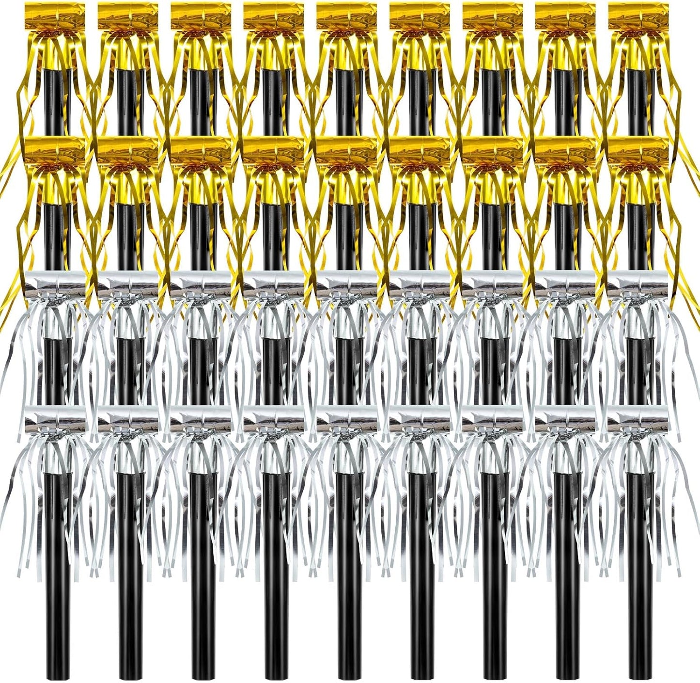 Sumind 36 Pieces Party Blower Noisemakers Party Squawkers Blowouts Whistles Fringed Noise Maker in Gold and Silver Musical Blowouts for Birthday Supplies