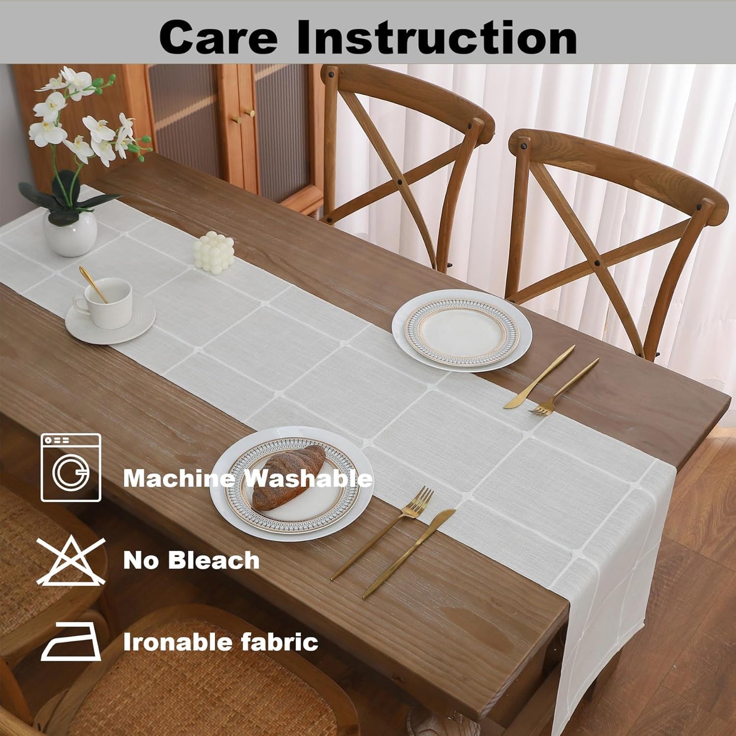 Gernaice Boho Table Runner, Modern Plaid Cotton Linen Farmhouse Table Runners for Holiday Wedding Dining Living Room Bedroom Home Decor, 90" L X 13" W White