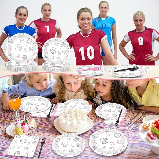96PCS Volleyball and Bow Party Paper Plates and Napkins for Sports Themed Party Dessert Cake Plates Disposable Decor Pink Bow Volleyball Parties Set for Boys Girls Birthday Gatherings Decorations