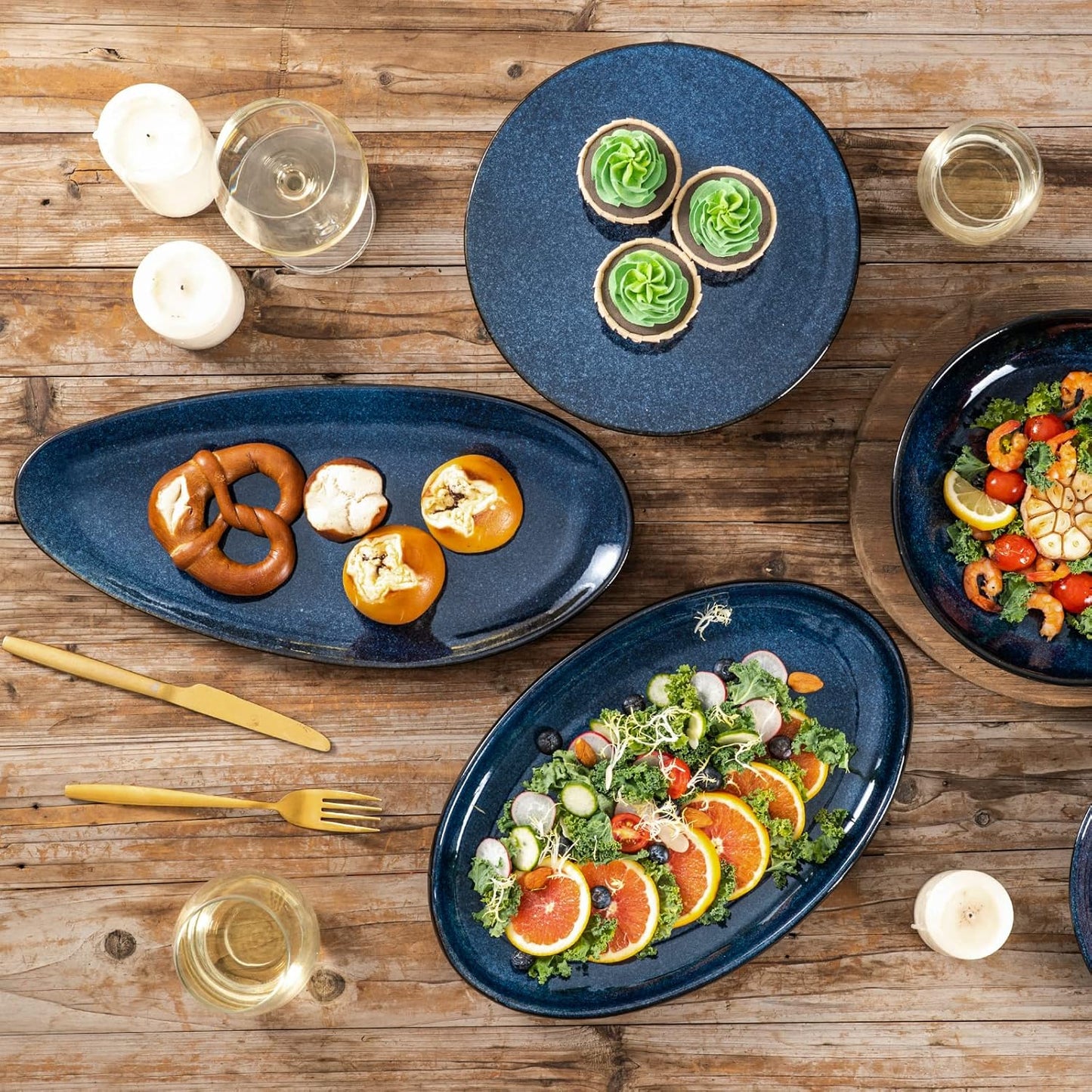 vicrays Large Oval Serving Platters, 16"/14"/10" Porcelain Serving Platters for Party, BBQ,Stackable Serving Trays Serving Plates for Appetizers, Sushi, Restaurant, Dessert, Set of 3 (Blue)