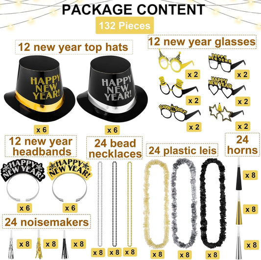Fovths 132 Pieces 2026 New Years Eve Party Supplies Includes Glasses Top Hats Headband Noisemakers Horns Bead Necklaces Plastic Leis New Year Party Favors for Celebration Decoration Gift