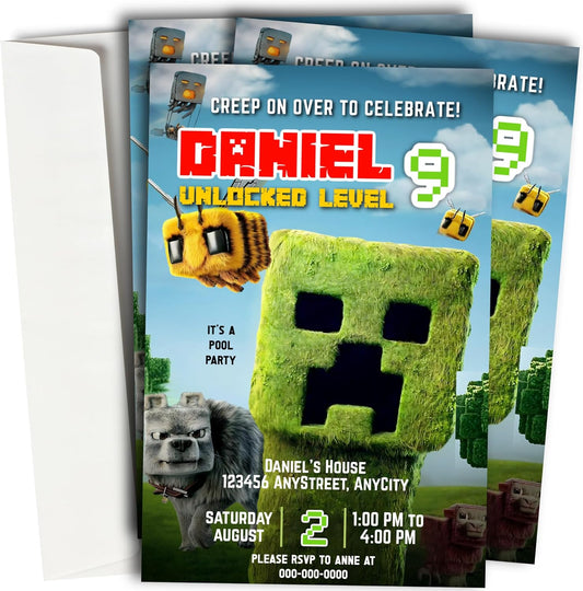 Fully Customizable minecraft Birthday Party Invitations, 4 x 6 inches, with Self-Sealing Envelopes, Gaming Theme Design, minecraft Birthday Invitations for Boys and Girls (Mnecraft/Creeper)