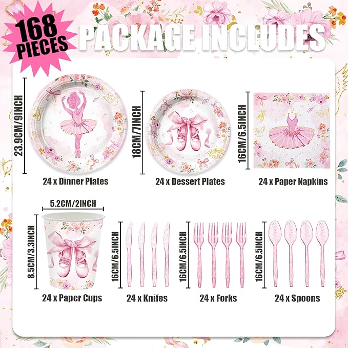Ballerina Party Supplies Set Ballet Theme Tableware Kit with Plates and Napkins for 1st 2nd Birthday Decorations Serve 24 Guests