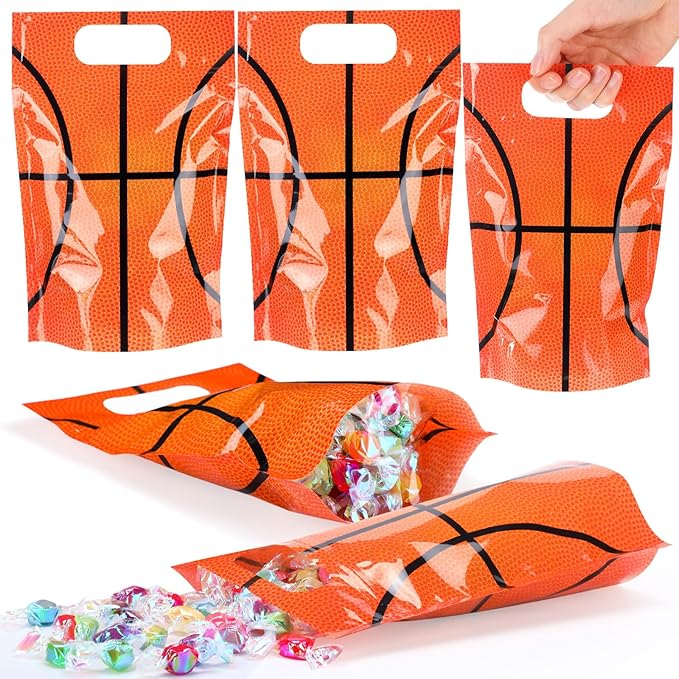 Blosssound 50 Pcs Basketball Goodie Bags Sport Sealing Pouches with Handles Clear Resealable Basketball Party Plastic Bags for Sports Theme Birthday Party Candy Gift Wrap Supplies Decoration