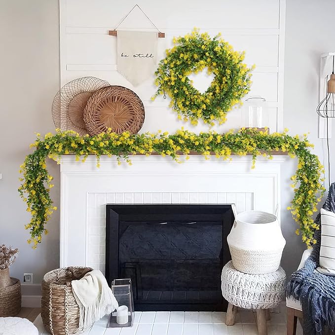 RECUTMS Hanging Garland Plants Artificial Eucalyptus Garland Fake Hanging Eucalyptus Leaf Garlands with Flowers Faux Vine Plants for Indoor Outdoor Spring Thanksgiving Wall Arch Wedding Decor(Yellow)