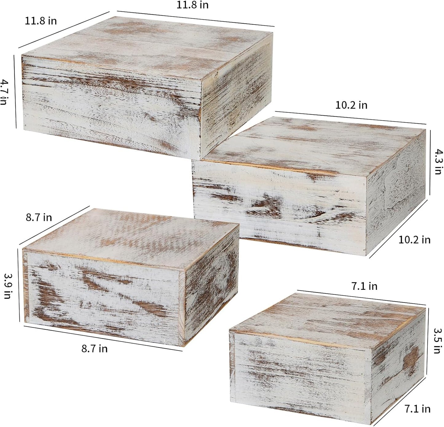 Vintage Brown Square Wooden Cake Stands For Display,Set Of 4 Wood Cupcake Stands Risers, 12 Inches Rustic Wood Crates For Wedding Cake Display,Square Wooden Display Risers For Home Decor . (Vintage White)