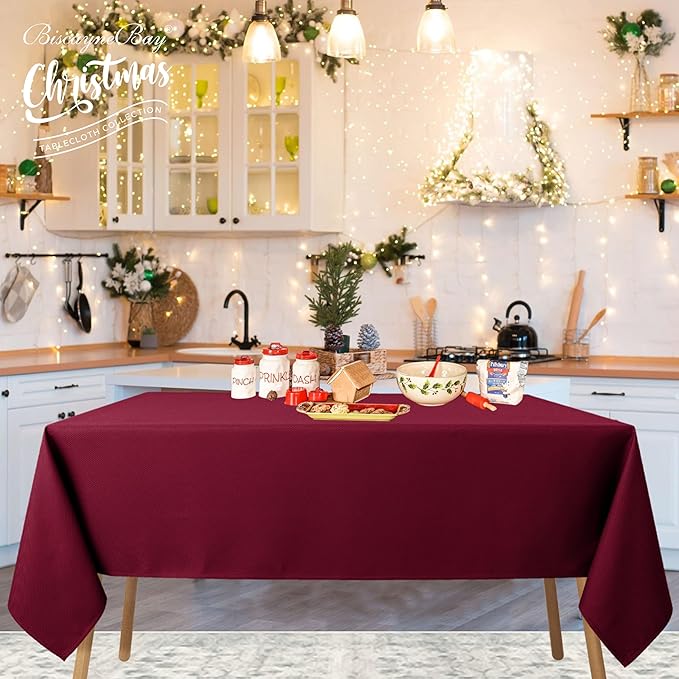 Biscaynebay Textured Fabric Christmas Rectangle Table Cloth 90x156 Inch, Burgundy Water Resistant Tablecloths for Dining, Kitchen, Wedding, Parties etc. Machine Washable