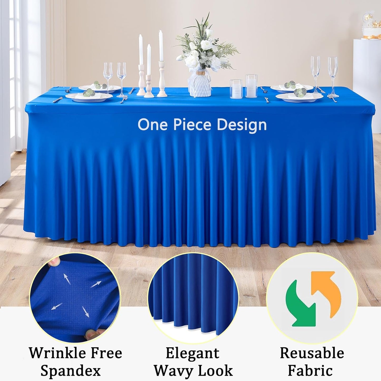 3 Packs Royal Blue Spandex Tablecloths for 8 Foot Rectangle Tables, Stretchy Fitted 8FT Blue Table Skirt for Wedding Party, Wrinkle Free Tablecloths for Banquet Wedding Birthday Party