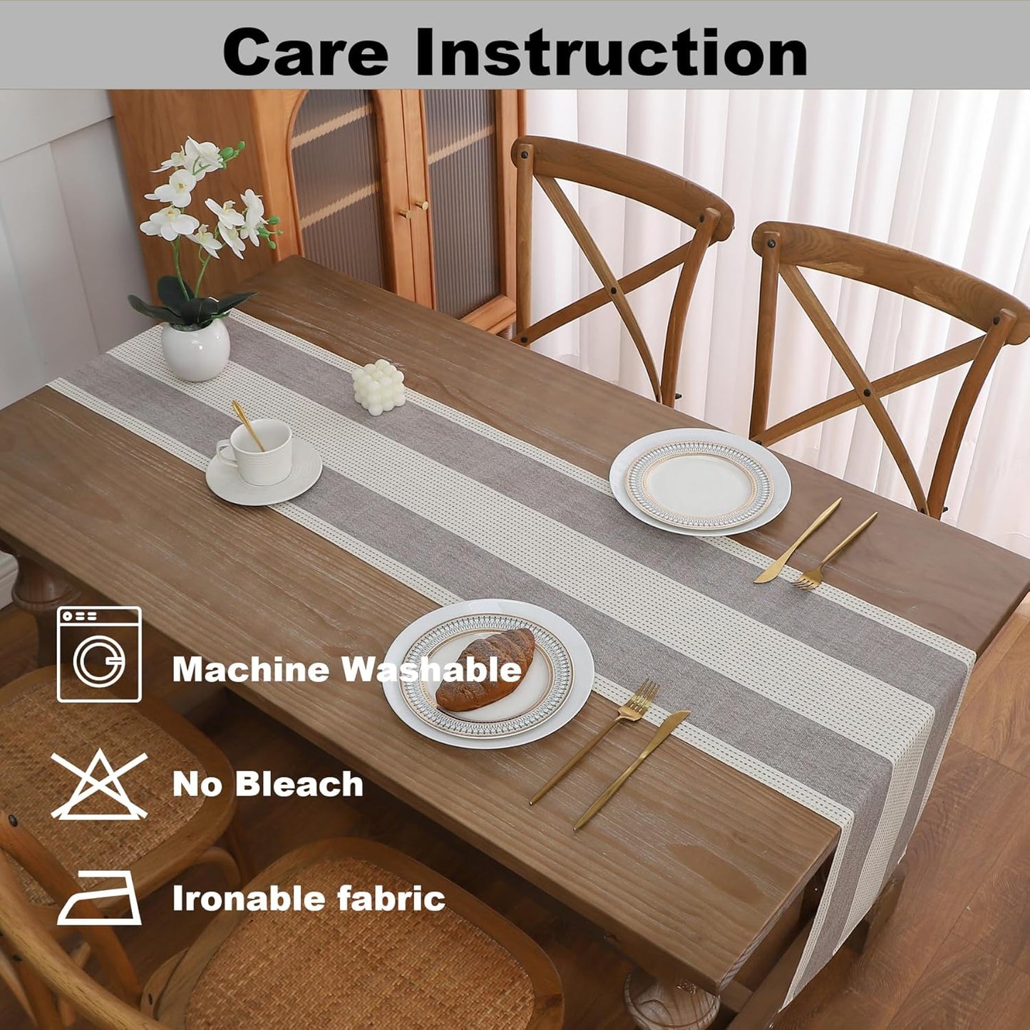 Gernaice 2PCS Boho Table Runner, Rustic Striped Cotton Linen Farmhouse Table Runners for Dresser End Coffee Table Home Decor, 24" L X 13" W Dark Brown