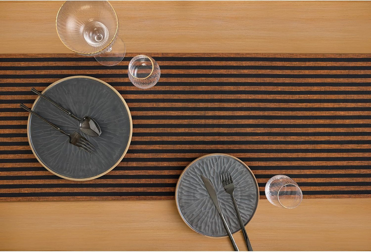 Solino Home Striped Table Runner 132 Inches Long - Amalfi Stripe 100% Pure Linen Pumpkin and Black Dining Table Runner 14 x 132 Inch for Fall, Autumn, Halloween, Thanksgiving