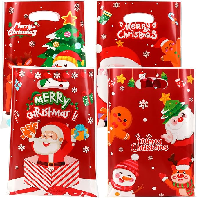 Christmas Gift Bags with Handles, 50Pcs Small Christmas Treat Bags Bulk Plastic Goodie Bag for kids, Snowman Santa Claus Candy Cookie Snacks Party Favor Bag for Xmas Holiday Party Decoration Supplies