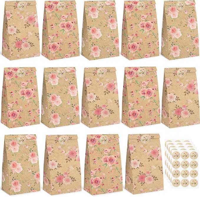 VGOODALL 54 Pack Inch Gift Bags with Stickers, 4.7x3.1x8.7 Inch Floral Party Favor Treat Bags for Wedding Baby Shower Birthday Bulk Gift Packaging Supplies