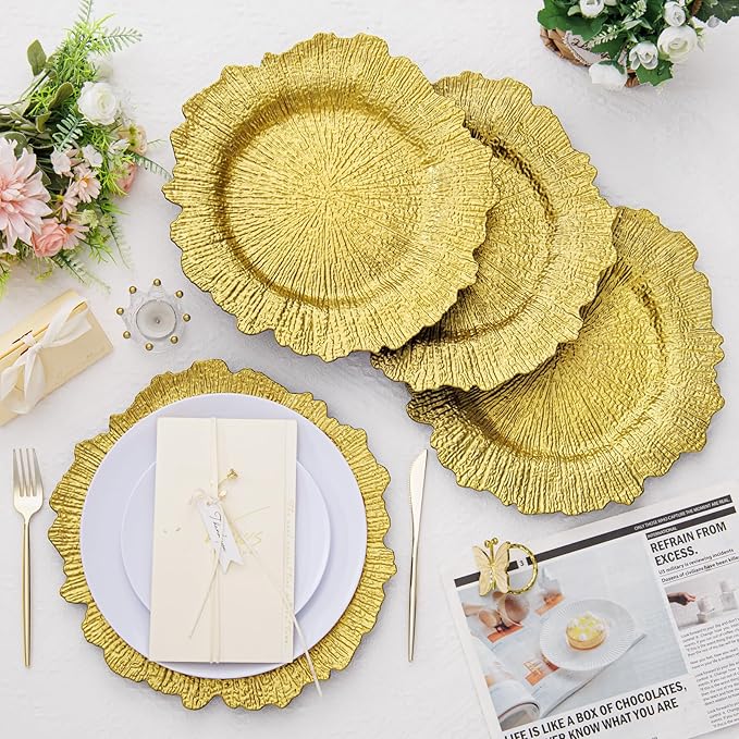 EI 6pcs Gold Charger Plates for Dinner,Gold Chargers Heavy Duty,Round Reef Table Charger Plastic Decorative Plate,Plastic Chargers with Reef Design For Wedding,Party,Afternoon Tea,Valentine's Day