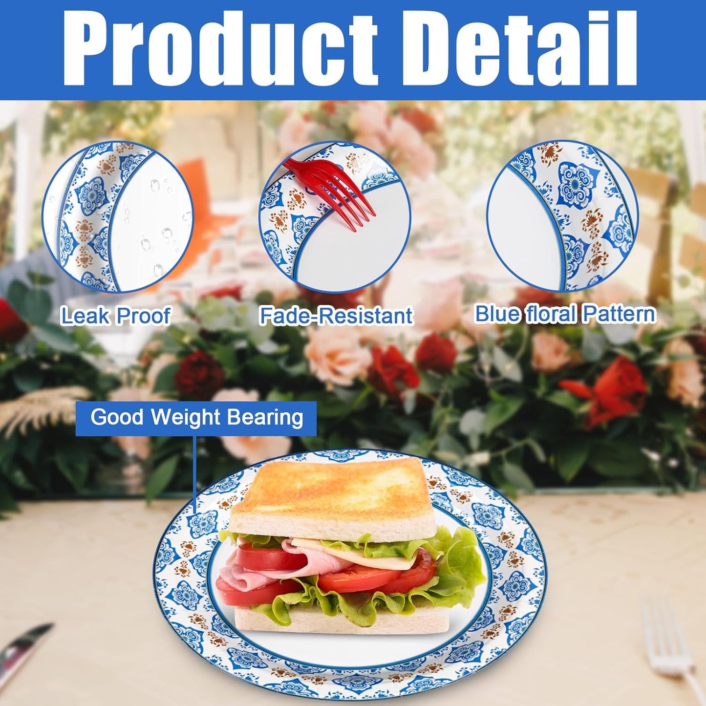 10 Inch Blue Floral Paper Plates, 50pcs Large Disposable Plates, Heavy Duty Flower Plate Tableware for Party, Daily Use, Soak Food,Cut Food, Family Gathering, Dinner Time Birthday Wedding