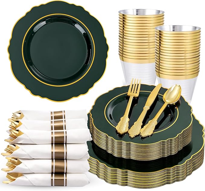 Liacere 175PCS Green Plastic Plates - Christmas Green Disposable With Gold Rim - 25Guest Baroque Plastic Dinnerware include 50Plates-25Pcs Pre Rolled Napkins with Silverware 25Cups for Party & Wedding
