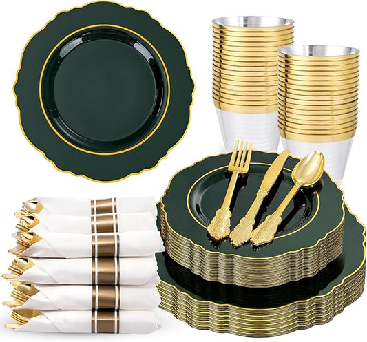 Liacere 175PCS Green Plastic Plates - Christmas Green Disposable With Gold Rim - 25Guest Baroque Plastic Dinnerware include 50Plates-25Pcs Pre Rolled Napkins with Silverware 25Cups for Party & Wedding