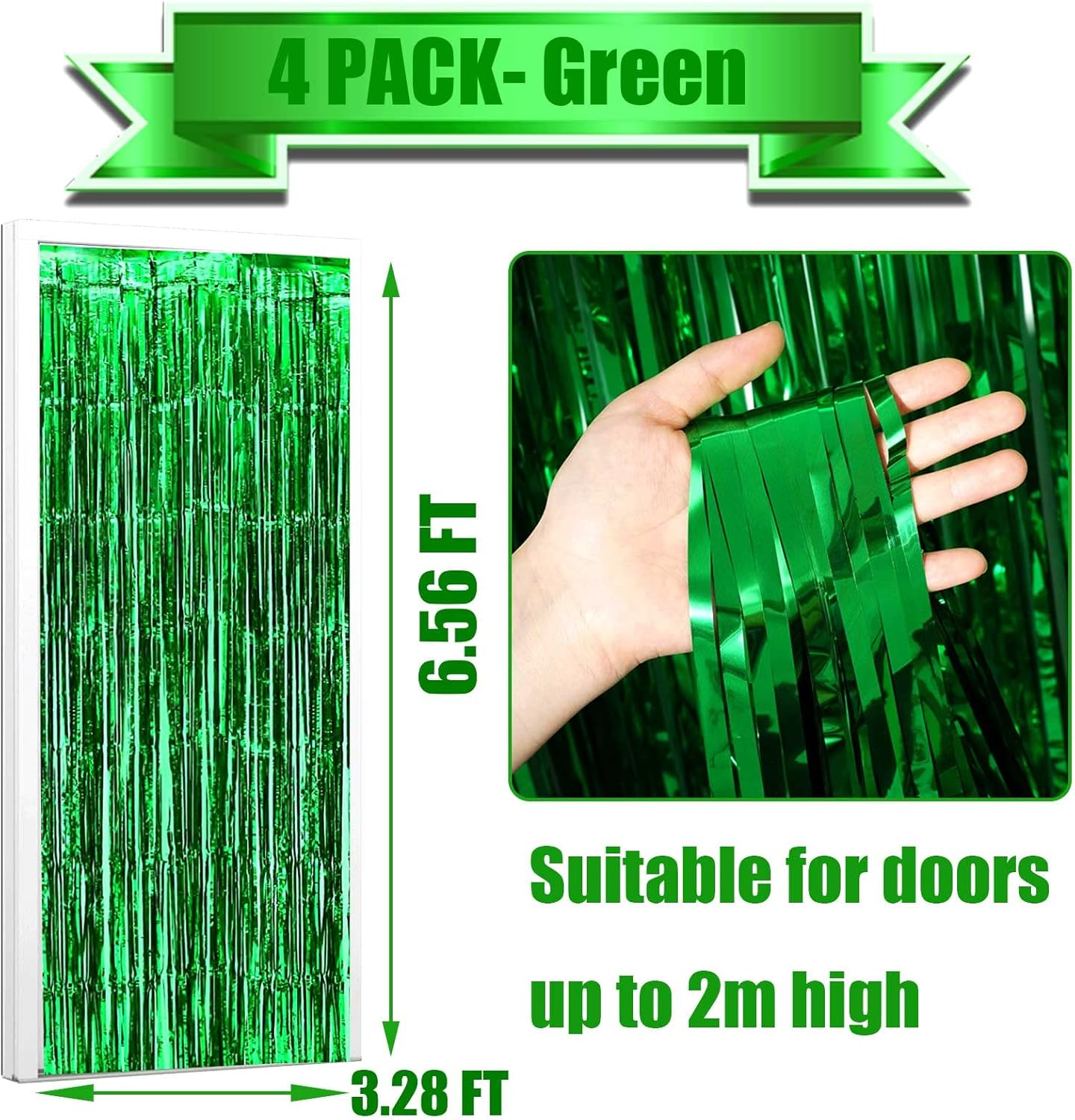 4 Pack Green Foil Fringe Curtain Backdrop, 3.28Ft x 6.56Ft Metallic Tinsel Foil Fringe Streamers Curtains for Photo Booth, Wedding, Thanksgiving, Birthday, Christmas, Halloween Party Decoration