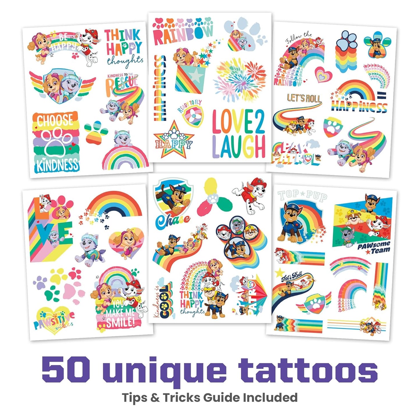 Savvi - 50 Paw Patrol Temporary Tattoos: Sky and Everest, Skin-Safe Ink, Great for Birthday Parties, Gifts for Boys and Girls Ages 4-12+, Made in the USA [6 sheets, 50 count]