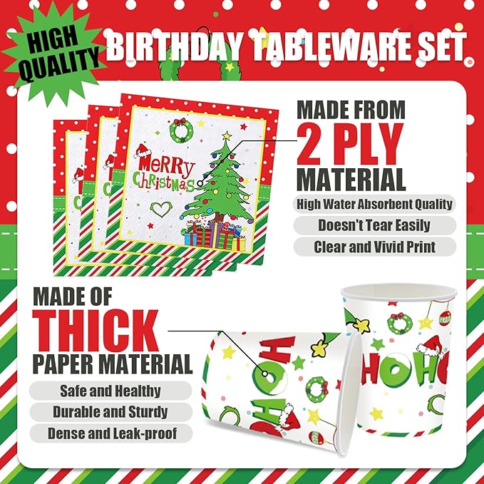 168Pcs Christmas Party Supplies Green Red Christmas Plates and Napkins Tableware Sets for Xmas Party Decorations Serves 24 Guests
